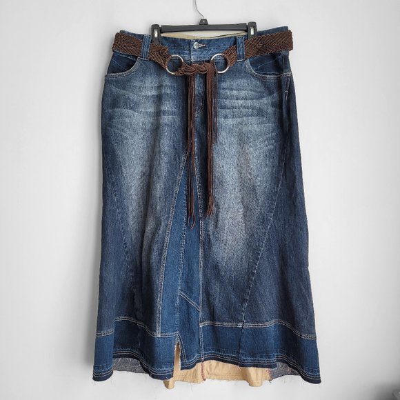 Lane Bryant Dresses & Skirts - Lane Bryant Venezia Blue Denim Corduroy Distressed Belted Southwest Maxi Skirt